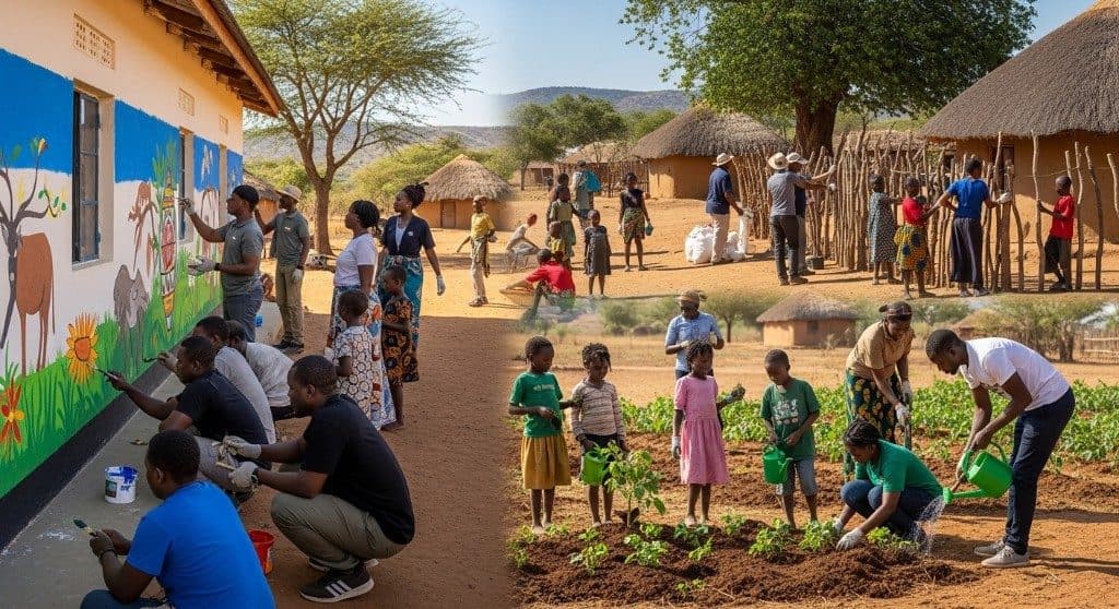 Community members painting a mural, maintaining village infrastructure, and tending a vegetable garden — community-led development in the North-East Region.